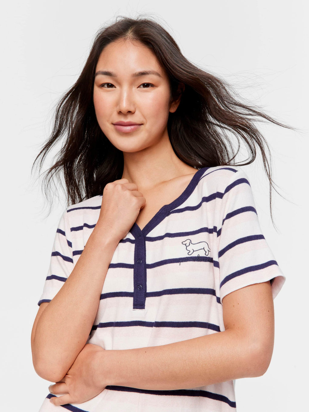 Fuzzy Stripe Henley Short Sleeve Nightie multi