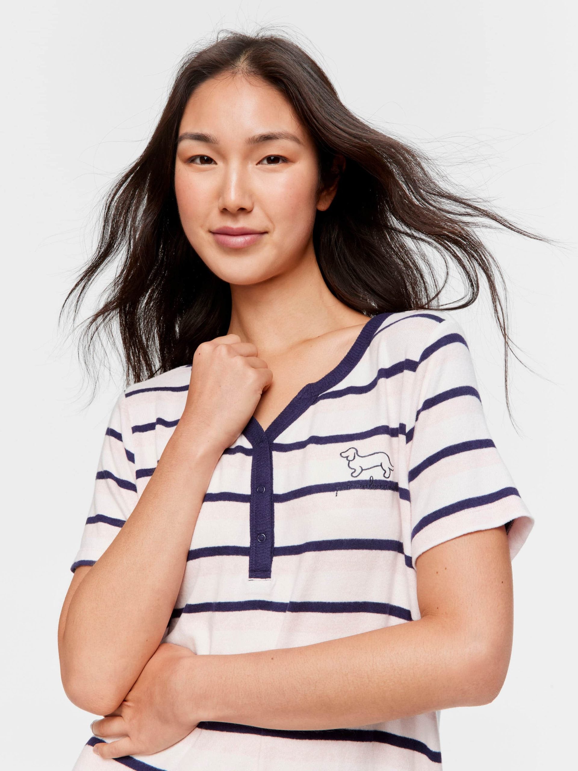 Fuzzy Stripe Henley Short Sleeve Nightie multi