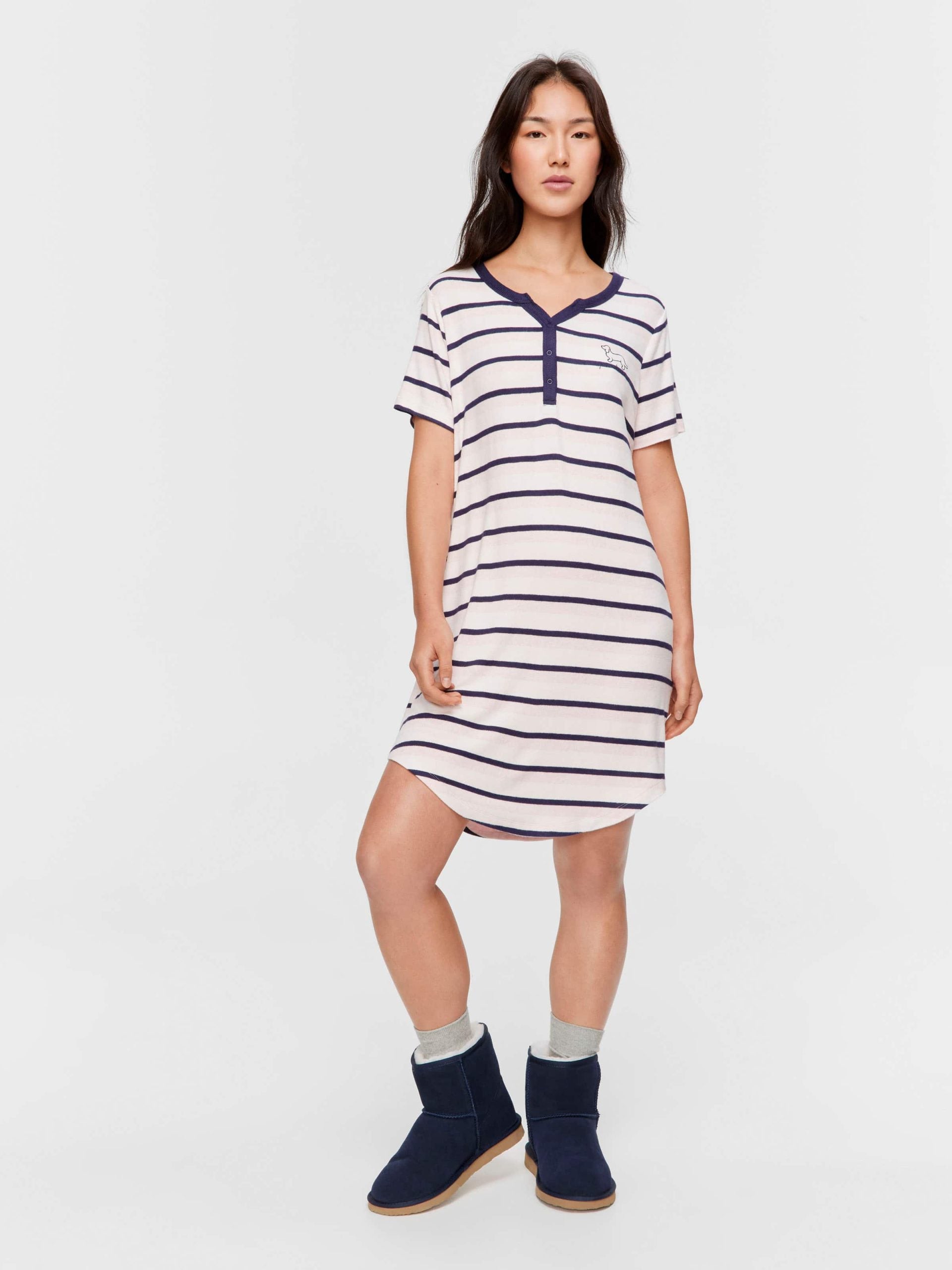 Fuzzy Stripe Henley Short Sleeve Nightie multi