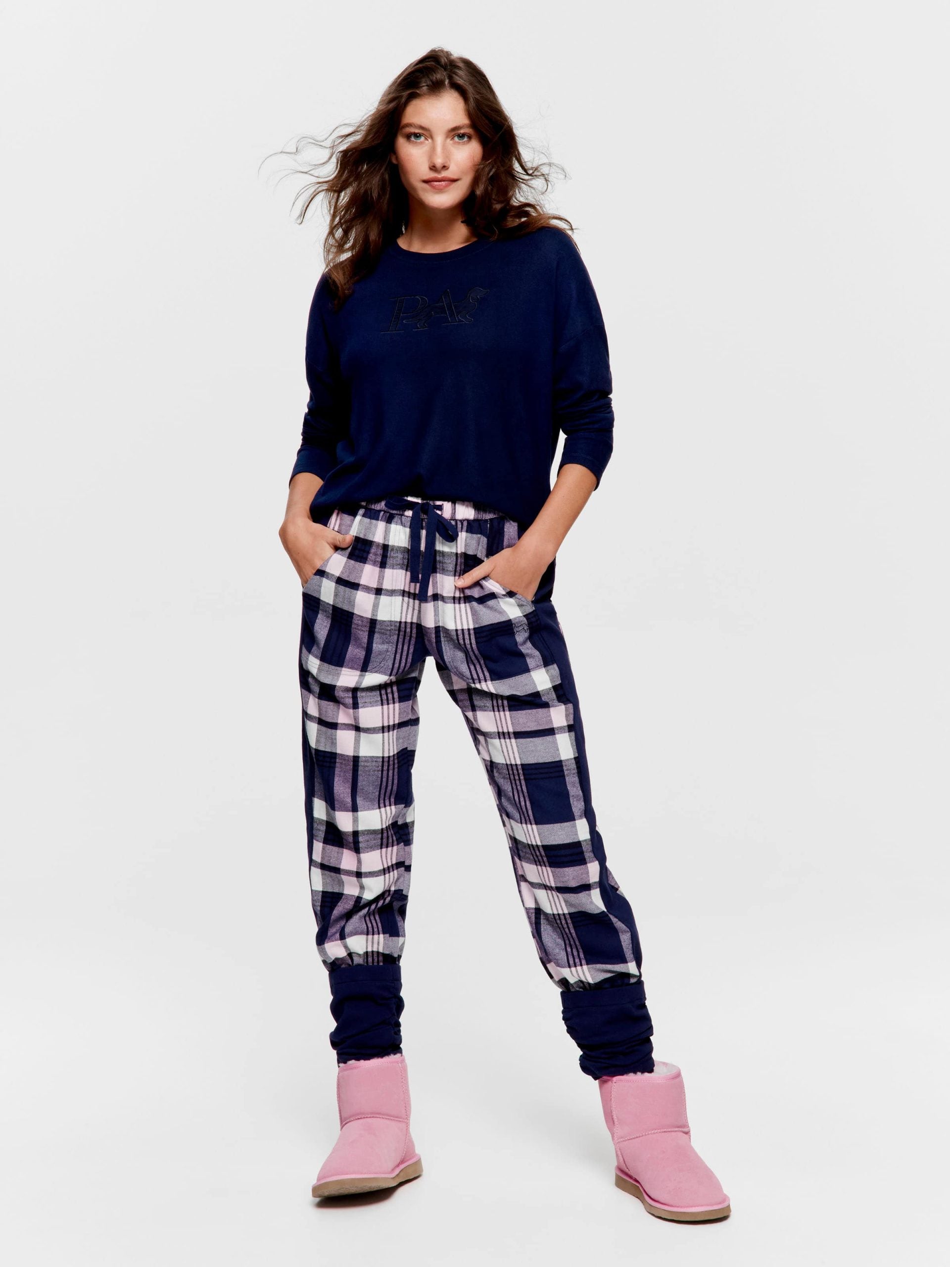 Navy Check Legwarmer Flannelette Pj Pant multi