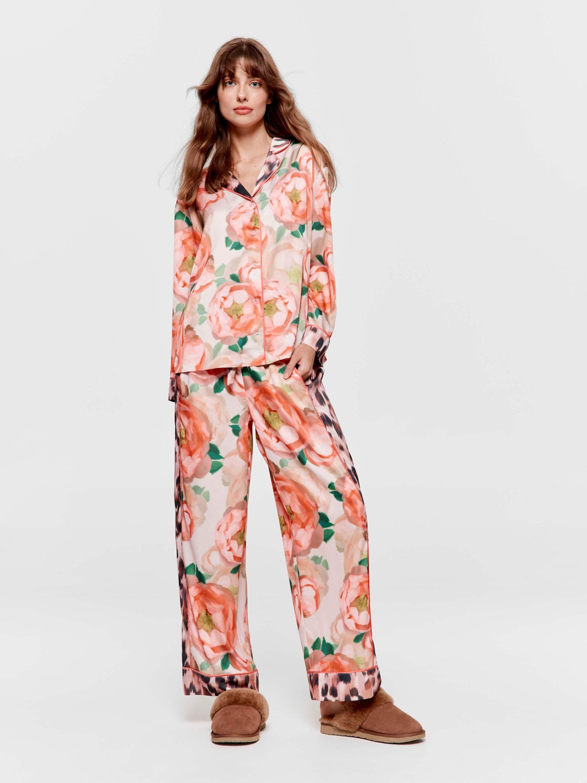 Floral Leopard Satin Long Sleeve Pj Set multi