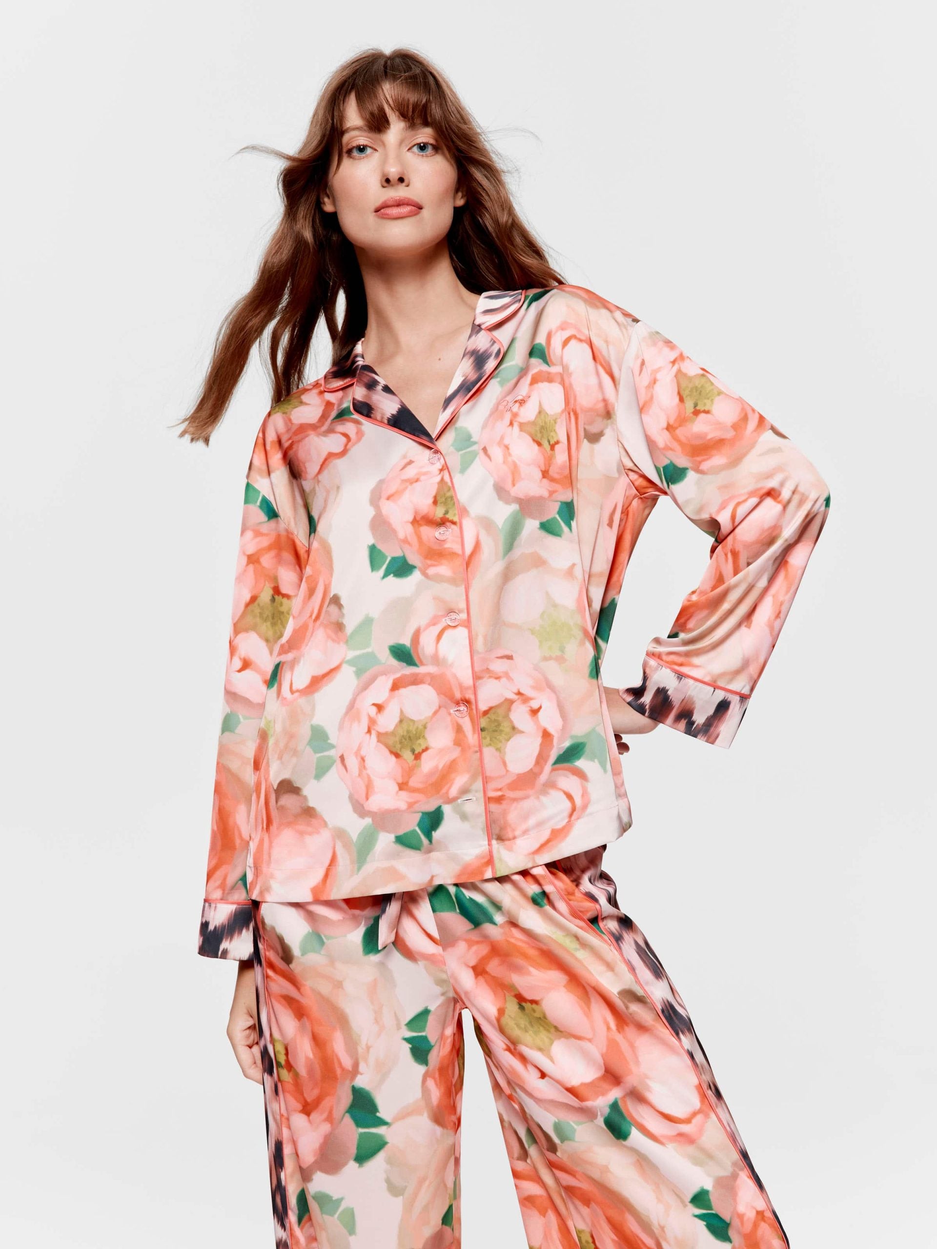 Floral Leopard Satin Long Sleeve Pj Set multi
