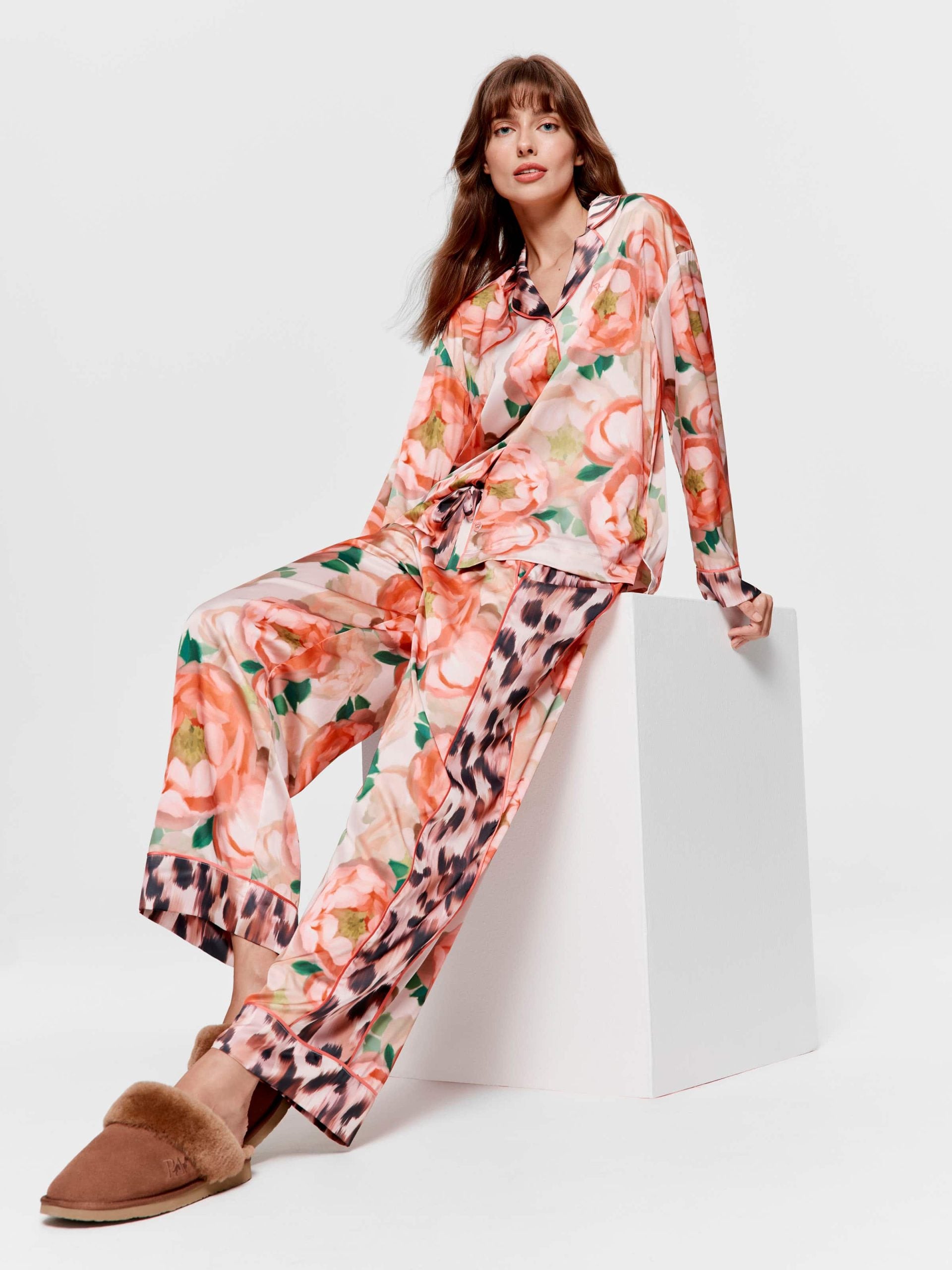 Floral Leopard Satin Long Sleeve Pj Set multi