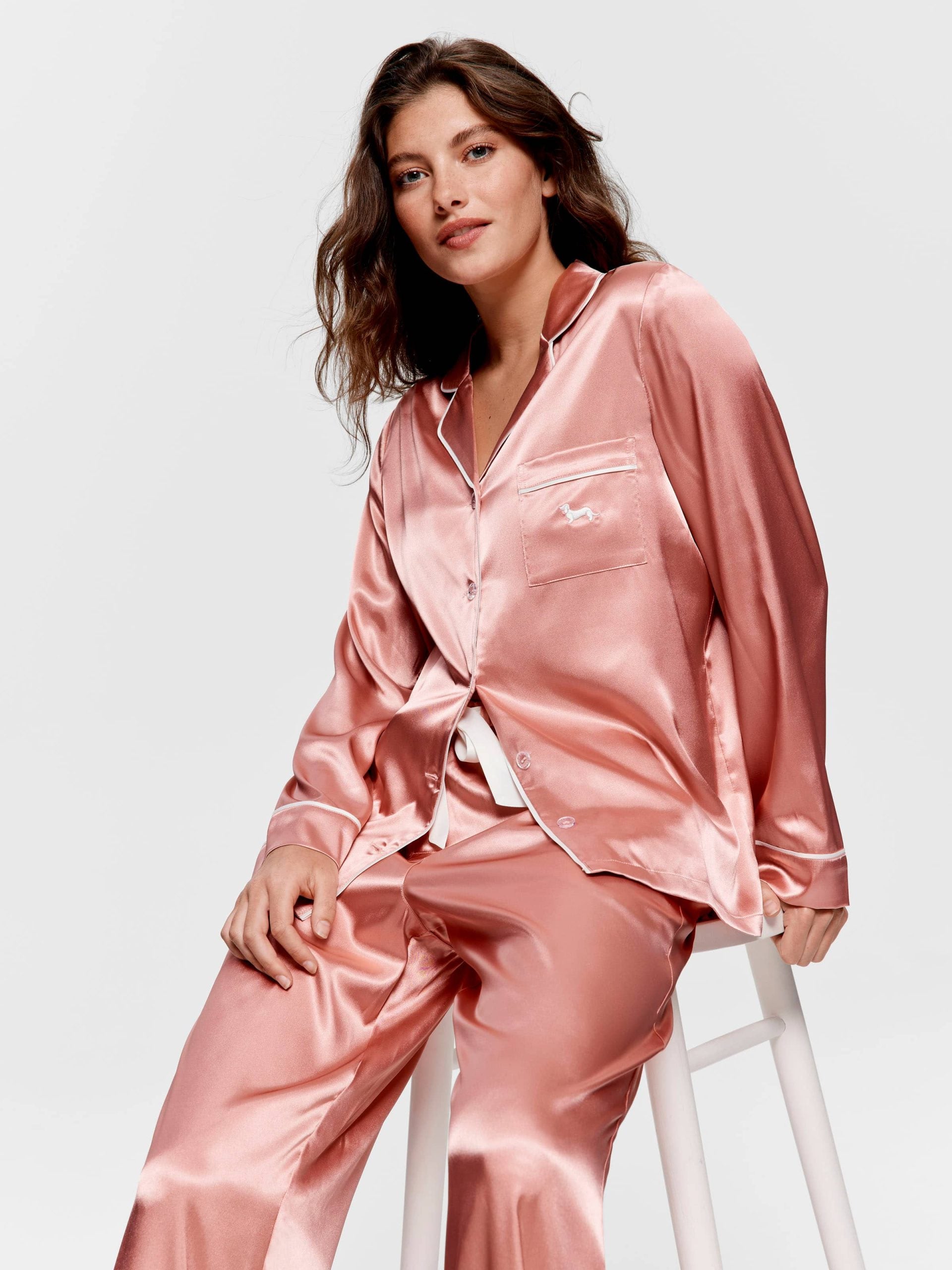 Rose Gold Satin Long Sleeve Pj Set rosegold