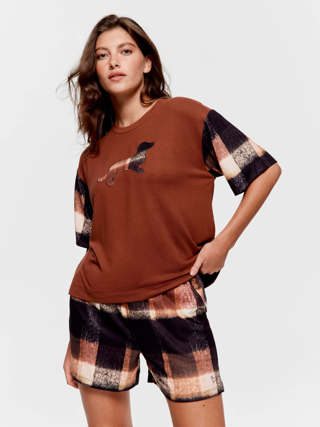 Brown Check Plush Logo Oversized Tee multi