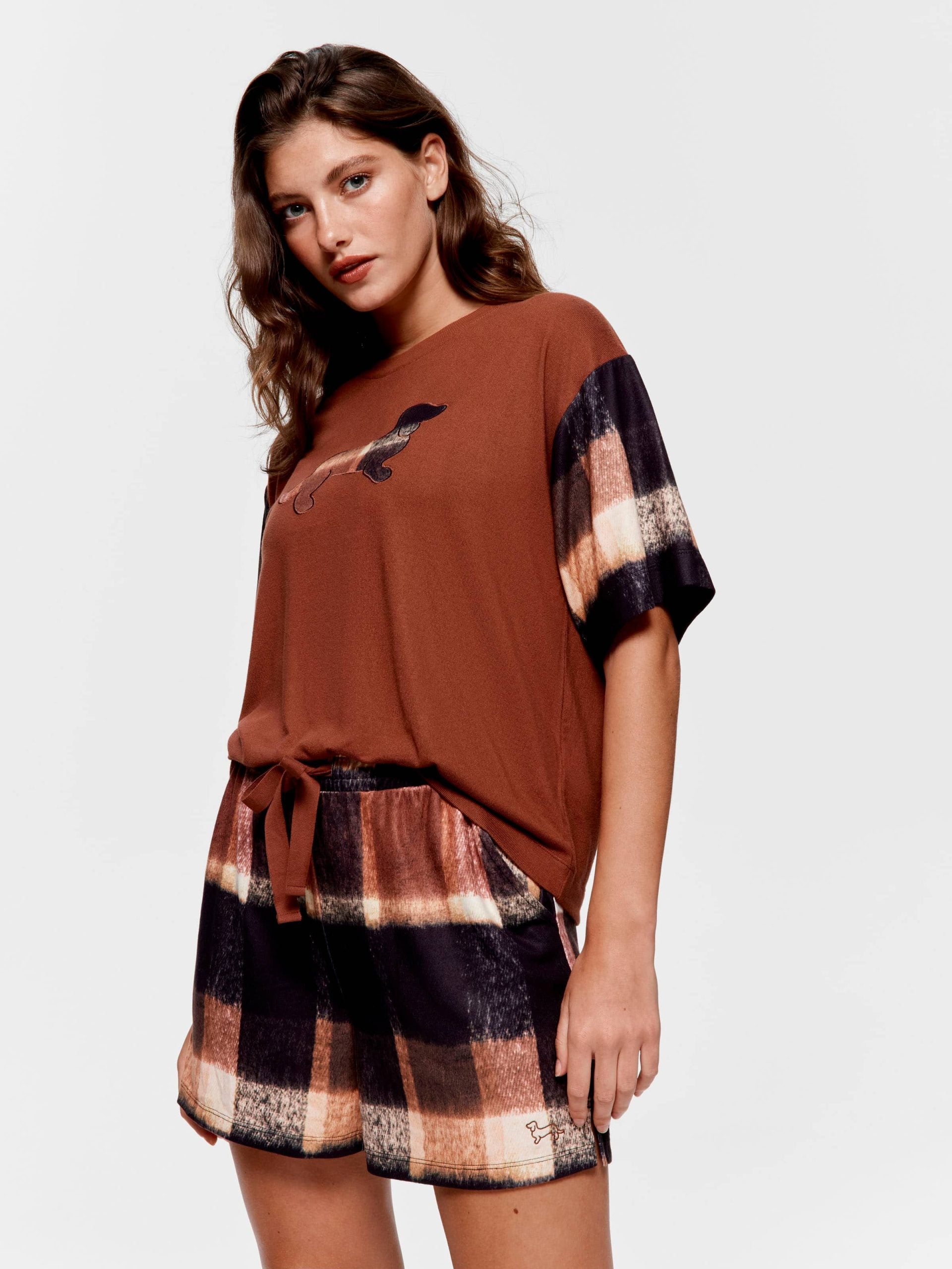 Brown Check Plush Long Short multi