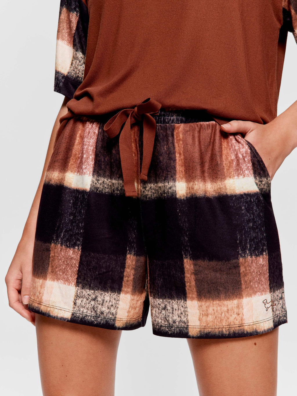 Brown Check Plush Long Short multi
