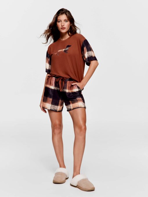 Brown Check Plush Long Short multi