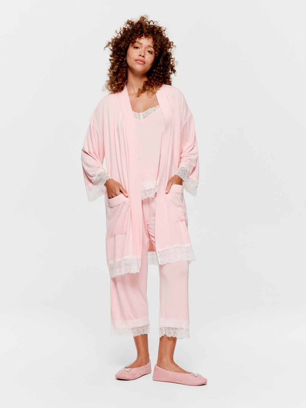 Lace Trim Bamboo Jersey Kimono Gown multi