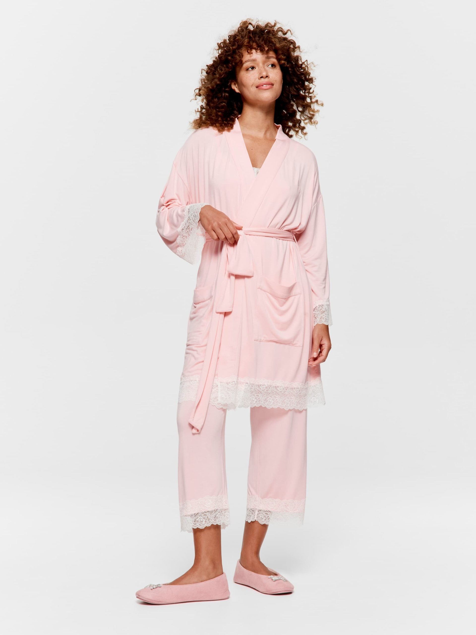 Lace Trim Bamboo Jersey Kimono Gown multi