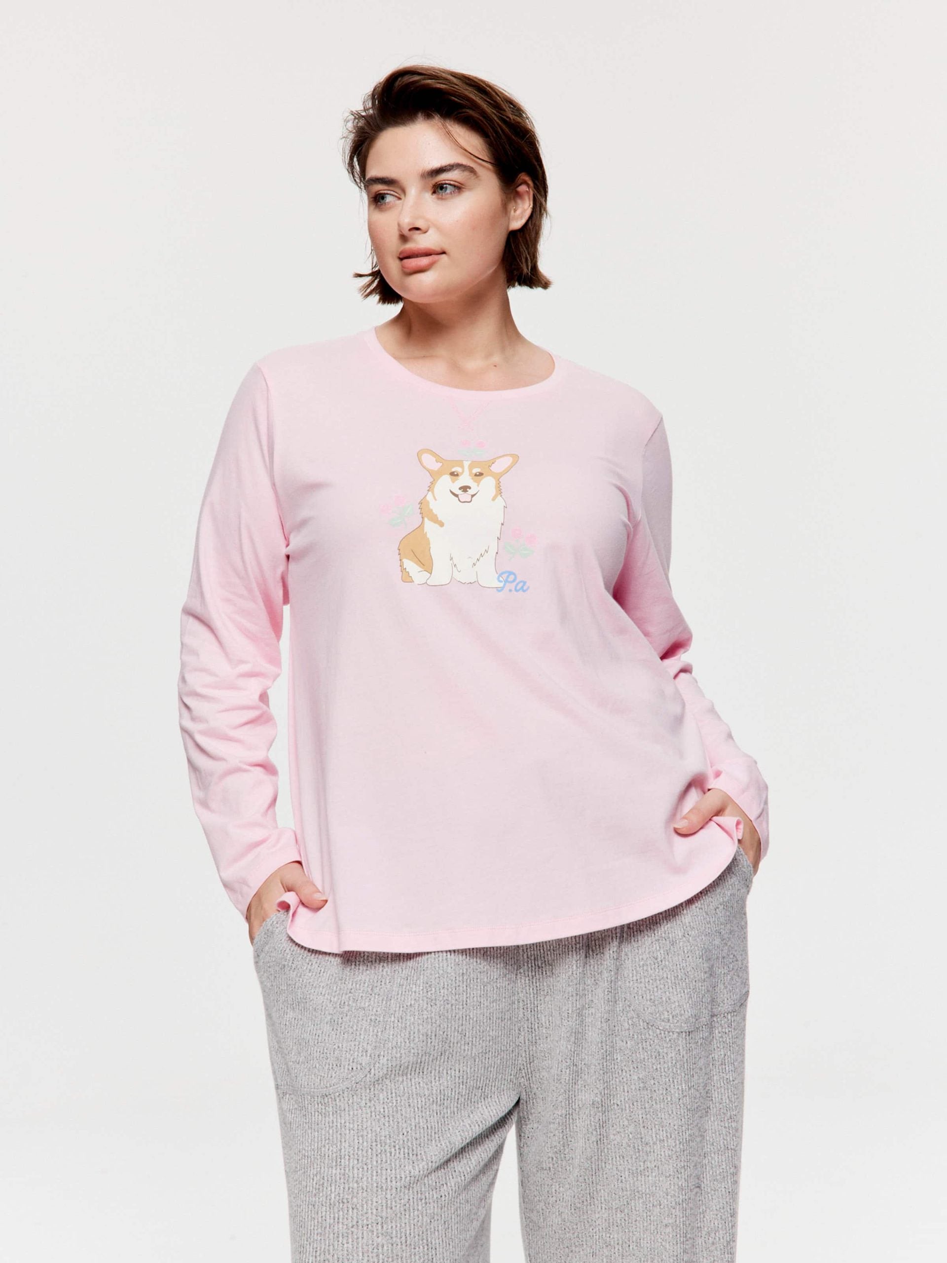 P.A. Plus Corgi Long Sleeve Top Pink