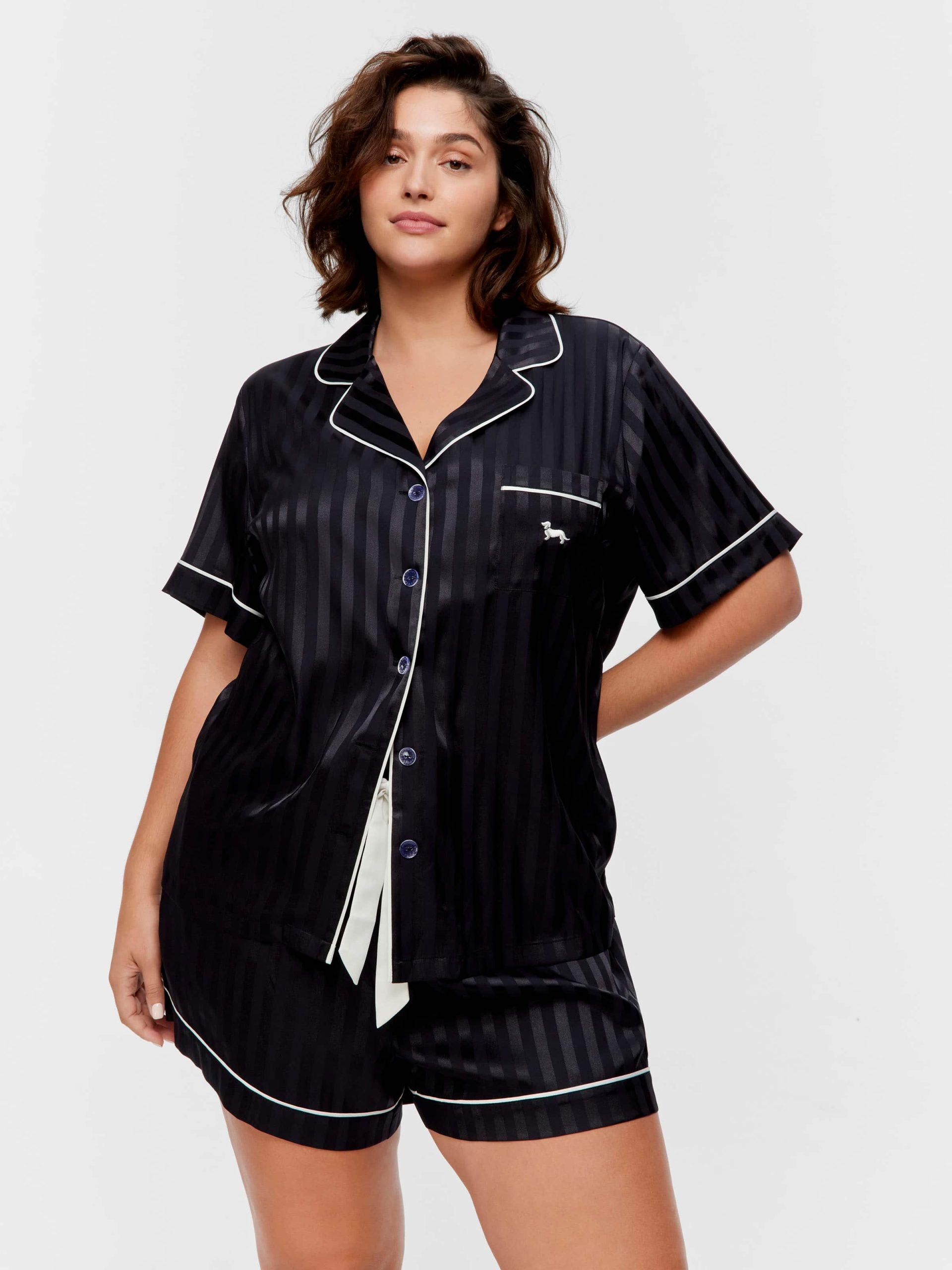 P.A. Plus Black Stripe Chic Satin Shortie Pj Set Black Stripe