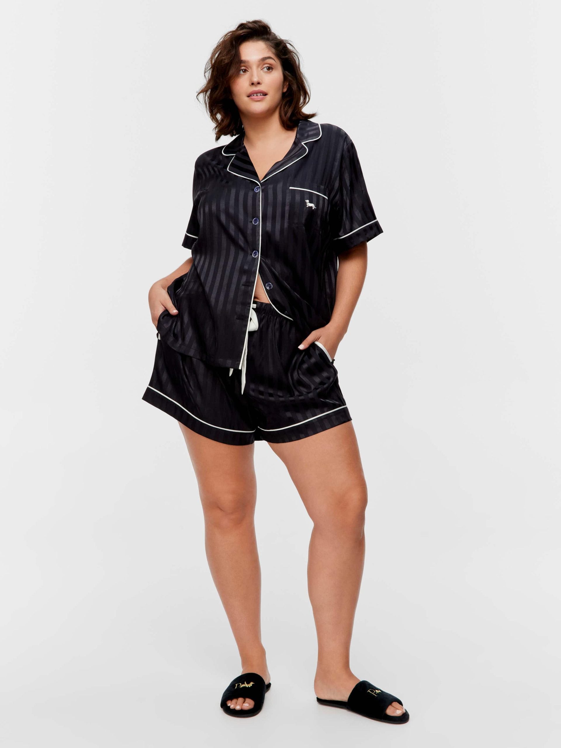P.A. Plus Black Stripe Chic Satin Shortie Pj Set Black Stripe