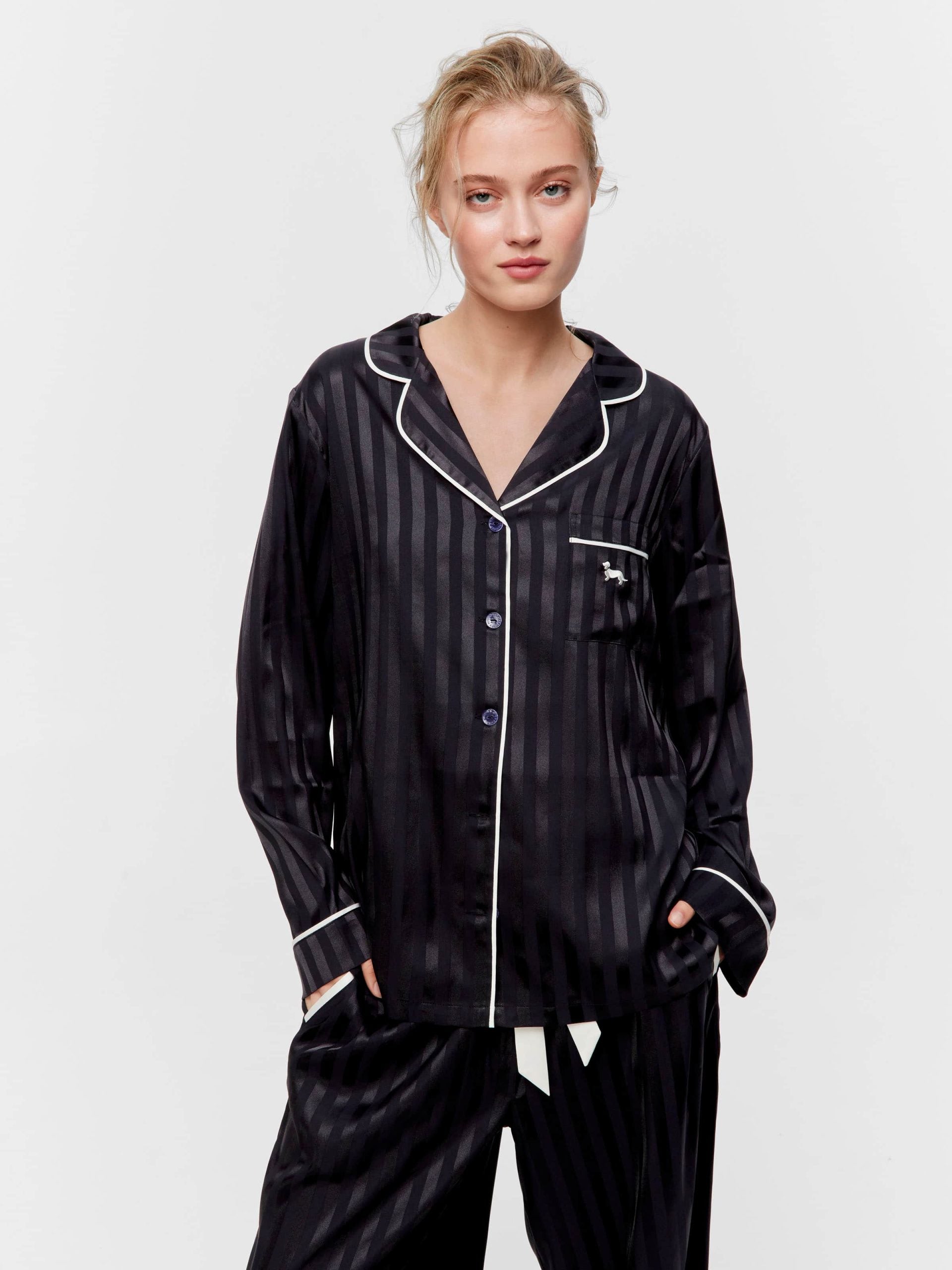 Black Stripe Chic Satin Long Pj Set Black Stripe