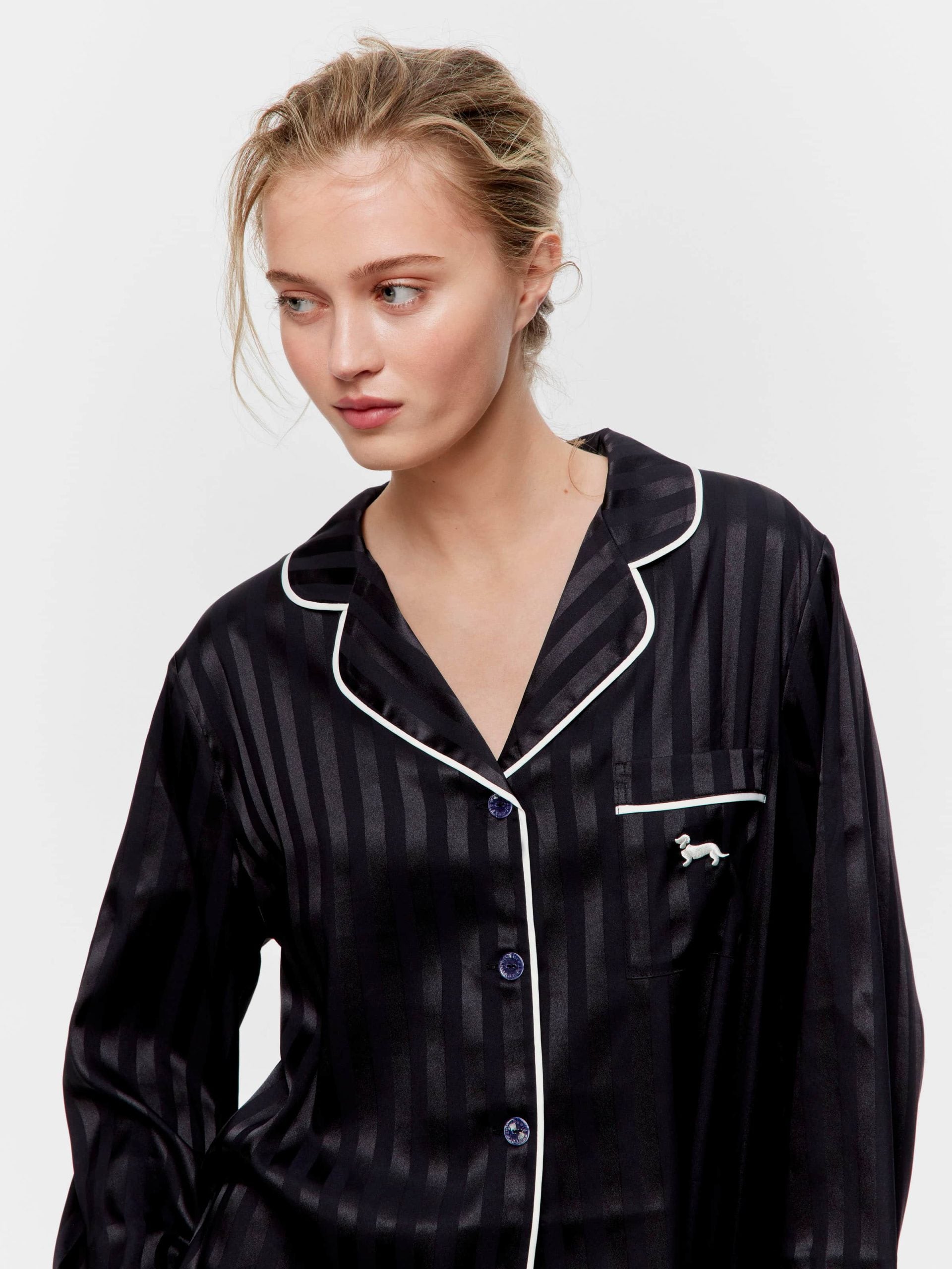Black Stripe Chic Satin Long Pj Set Black Stripe