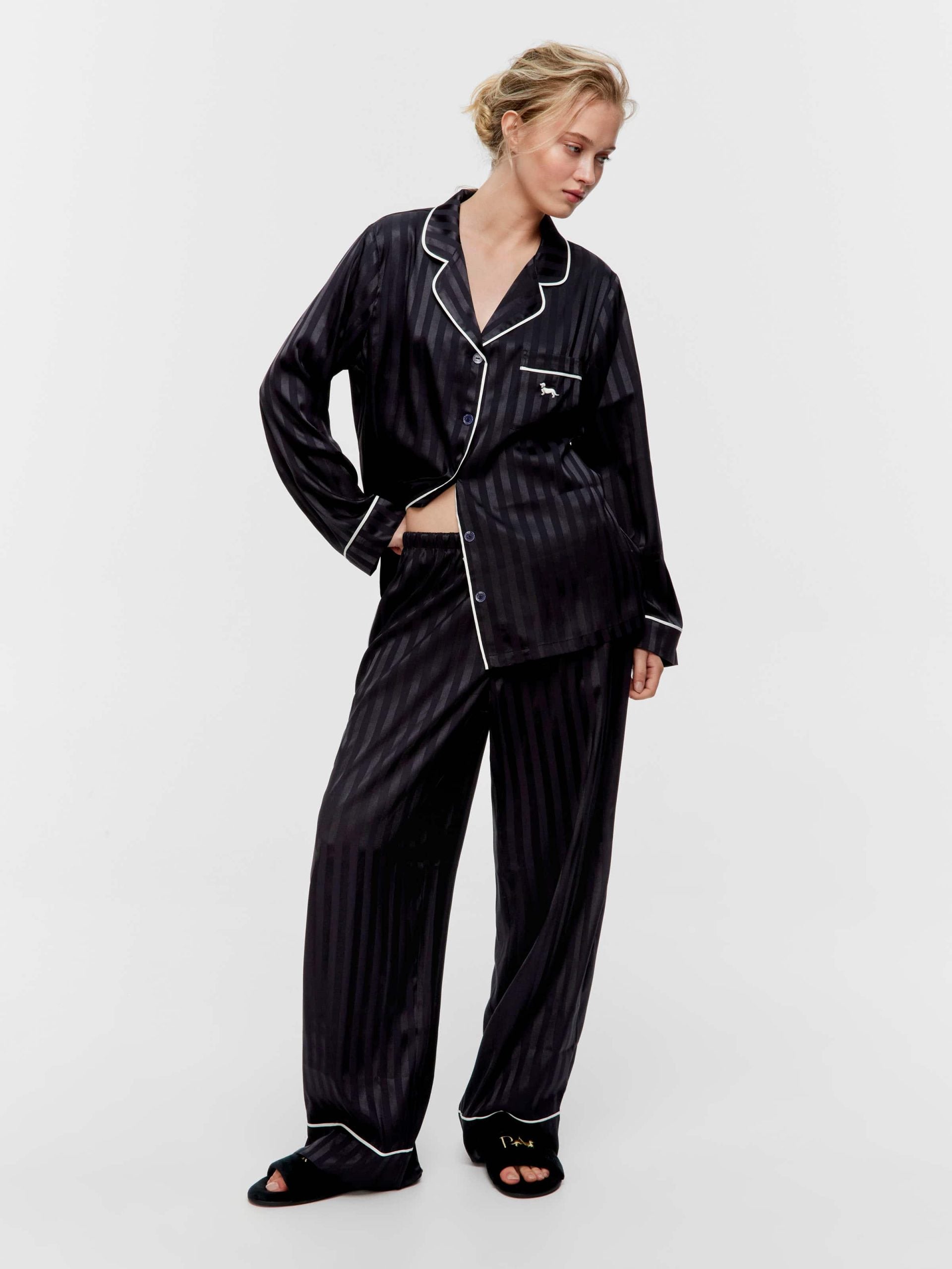 Black Stripe Chic Satin Long Pj Set Black Stripe