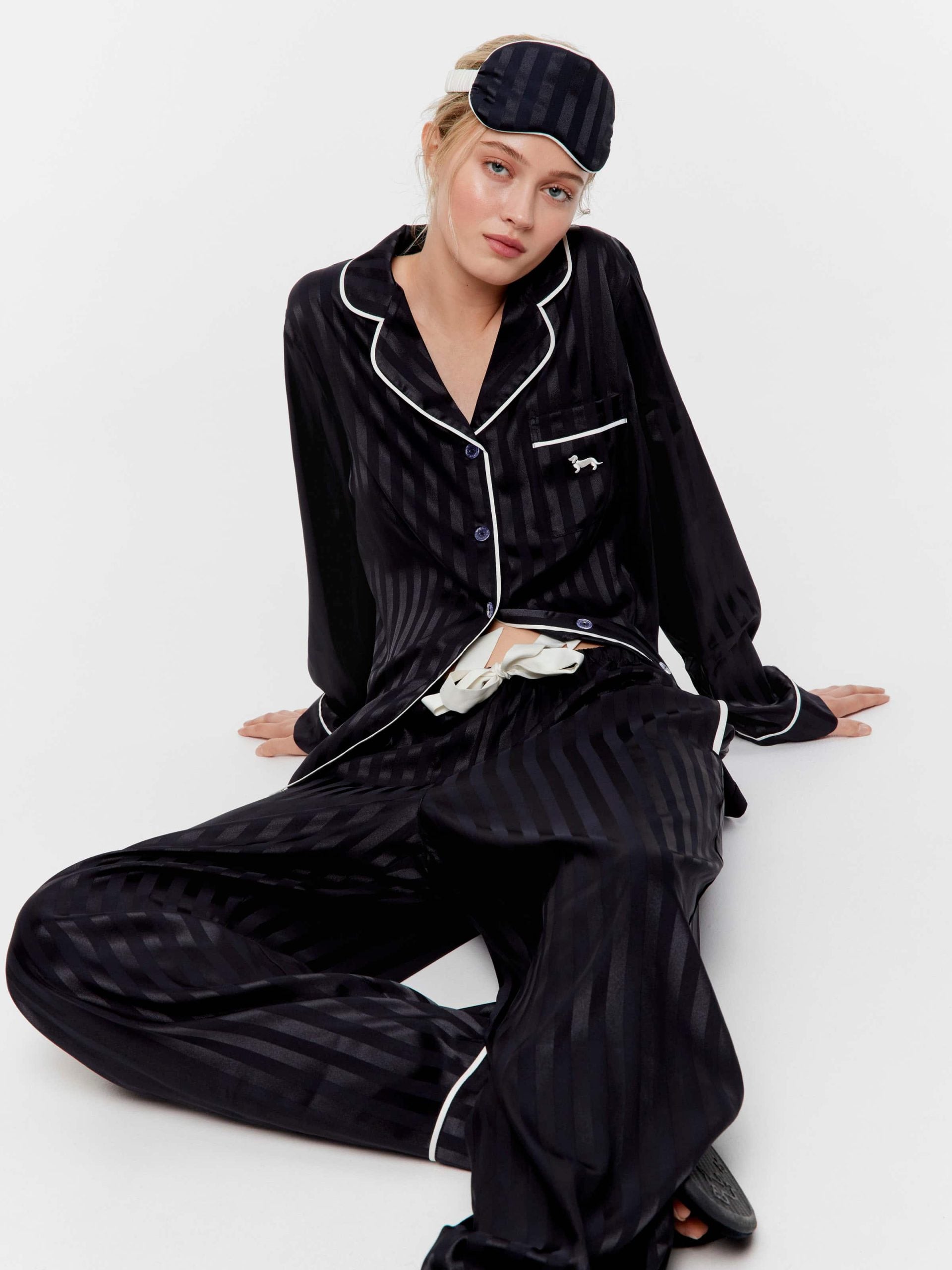 Black Stripe Chic Satin Long Pj Set Black Stripe