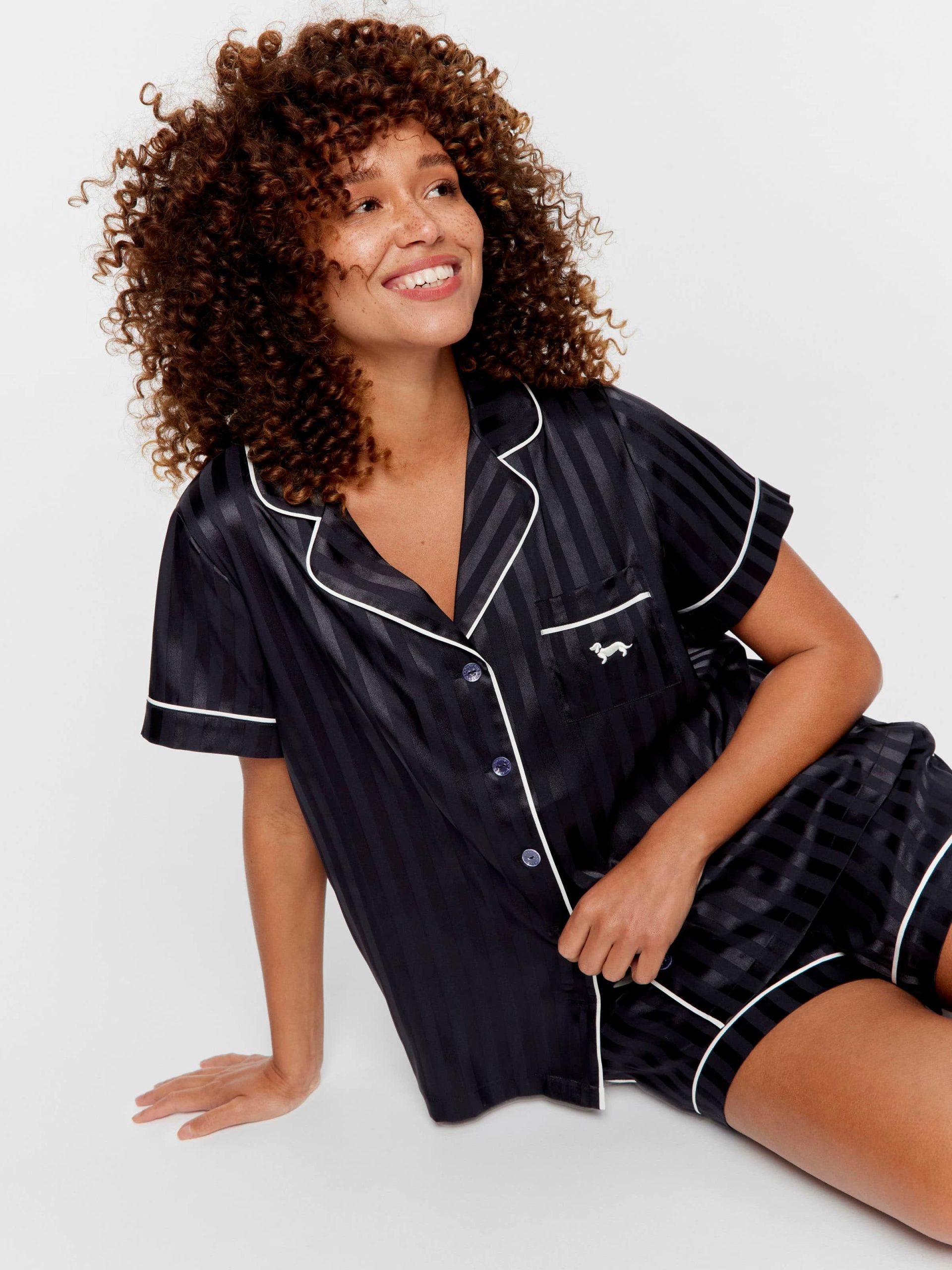 Black Stripe Chic Satin Shortie Pj Set Black Stripe