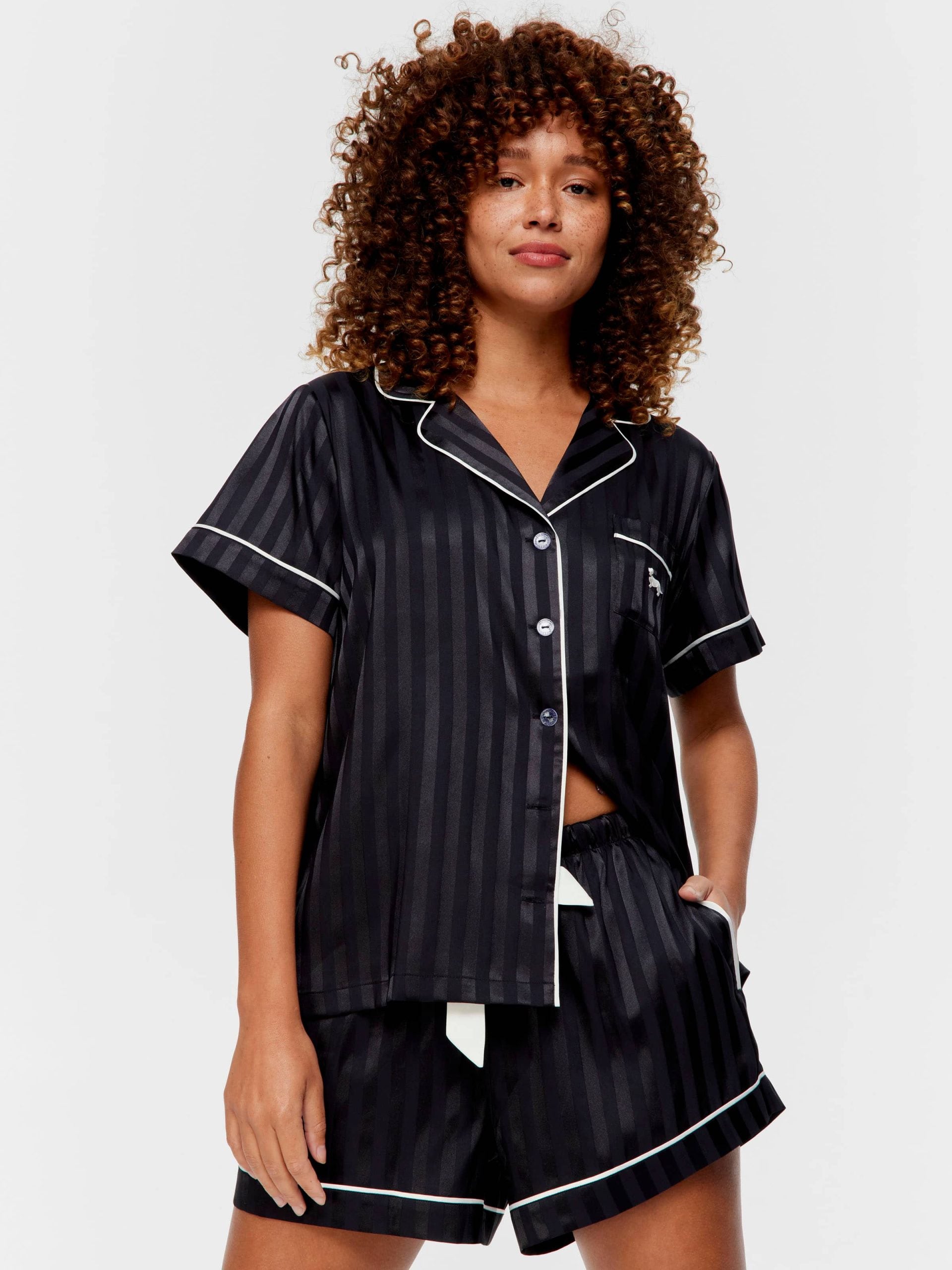 Black Stripe Chic Satin Shortie Pj Set Black Stripe