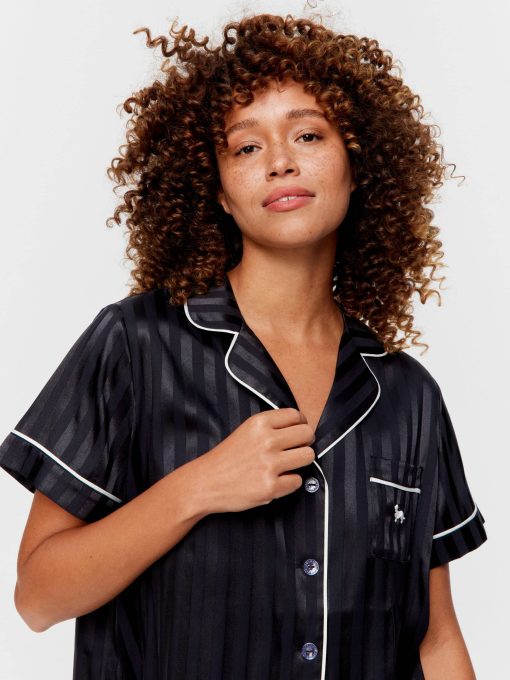 Black Stripe Chic Satin Shortie Pj Set Black Stripe