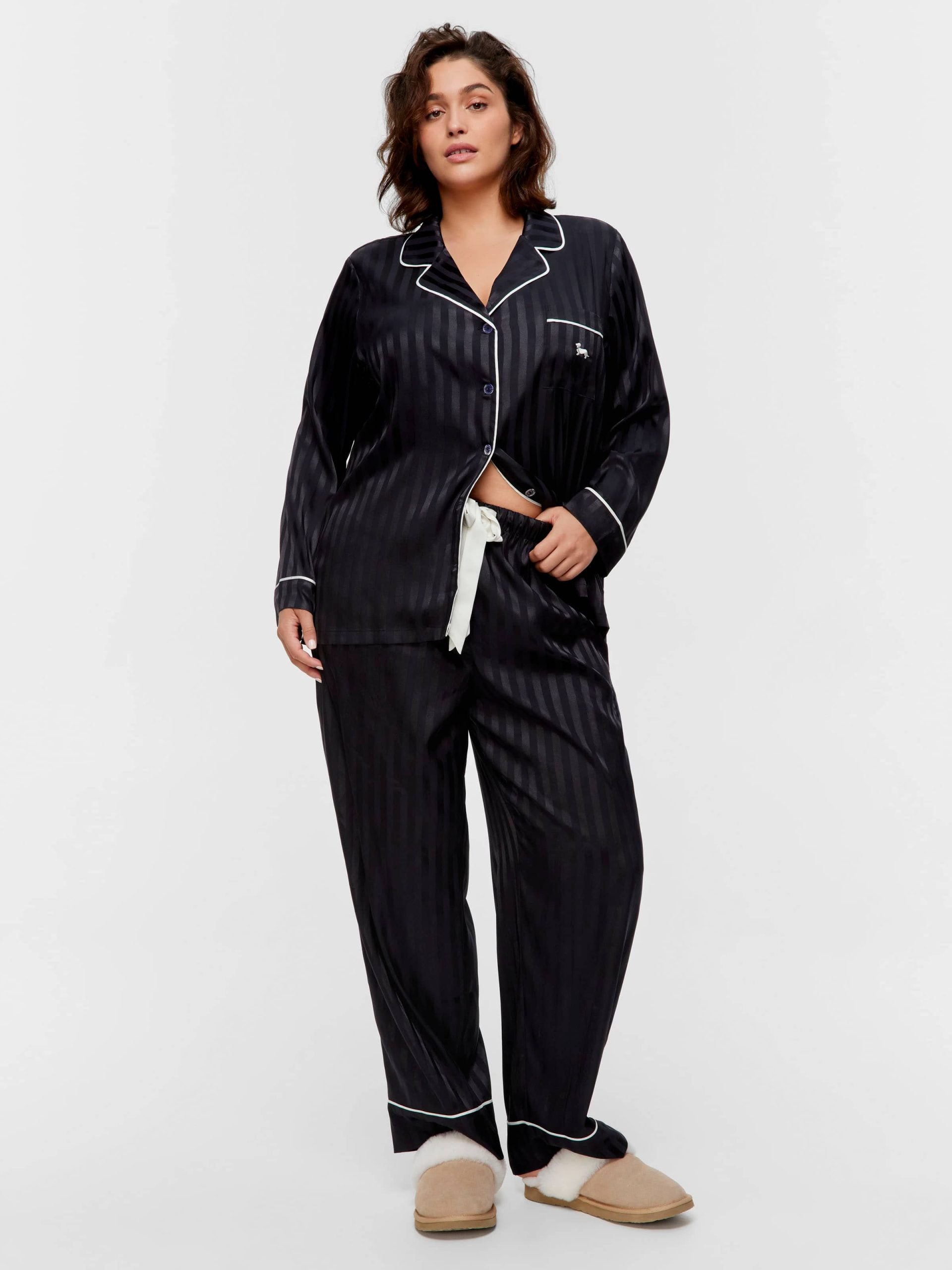 P.A. Plus Black Stripe Chic Satin Long Pj Set Black Stripe