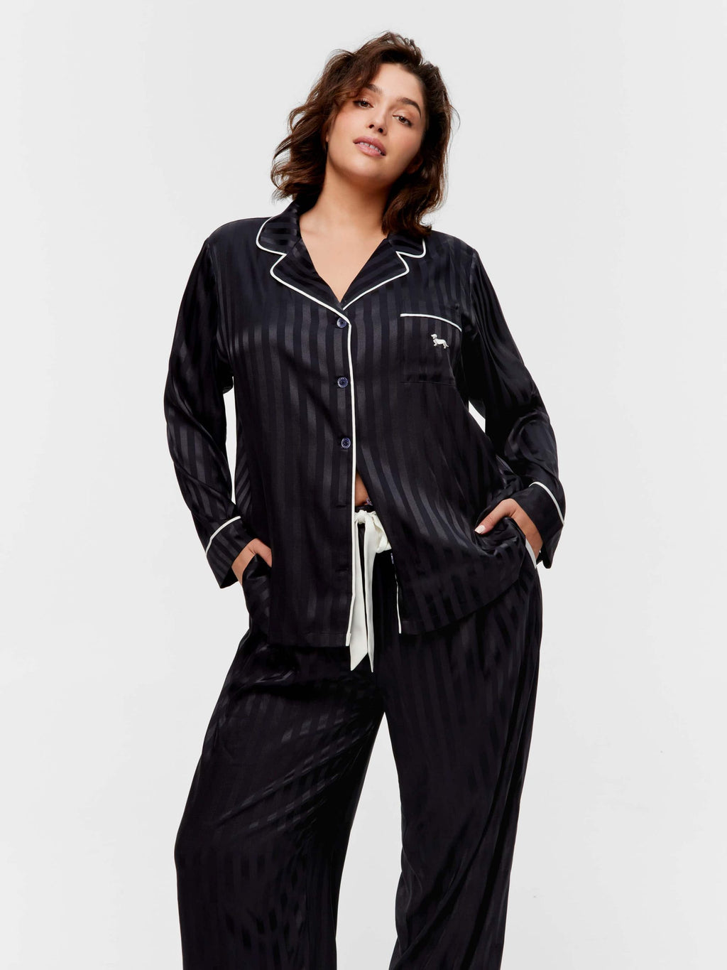 P.A. Plus Black Stripe Chic Satin Long Pj Set Black Stripe