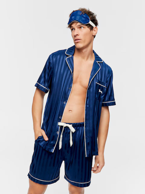Navy Self Stripe Chic Satin Set